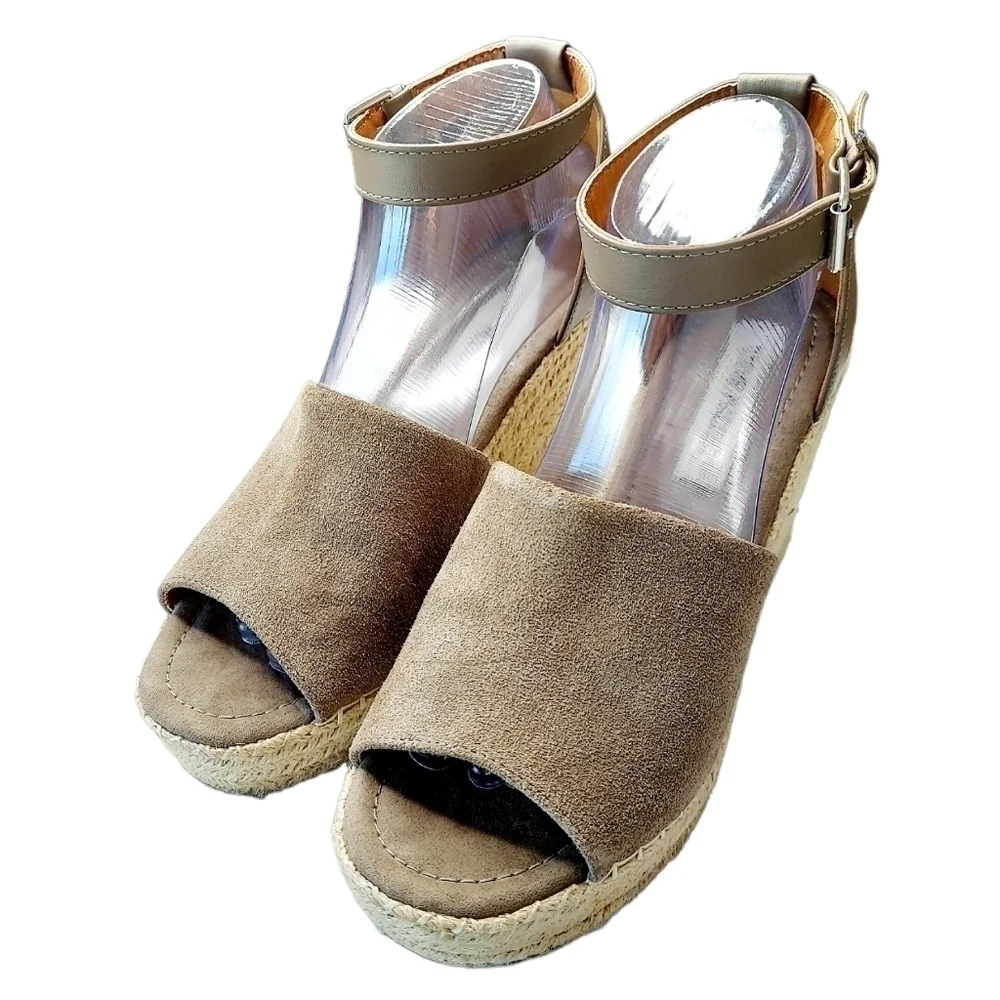 Steve Madden Jaylen Espadrille Suede Leather Wedge Heels Sandals Taupe Size 9